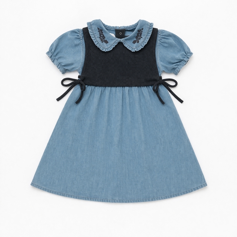 Rachel Zoe Dress 4T Denim Chambray Embroidered Collar Crochet Bodice Cottagecore - Picture 2 of 7